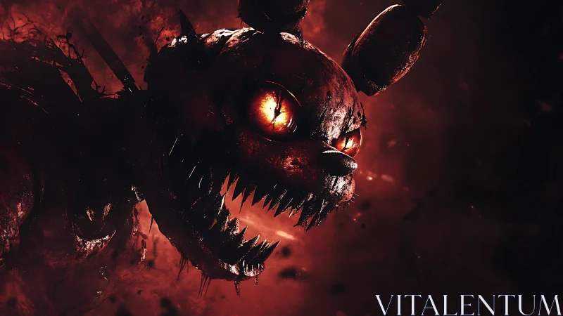 Burning-eyed animatronic monster head in blood-red haze