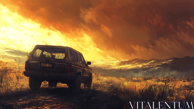 Dusty rover chases a wildfire sunset across lonely plains.