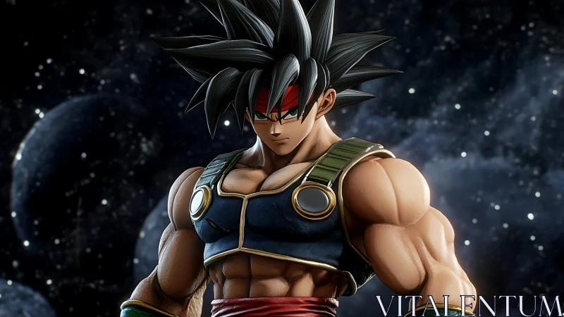 Saiyan warrior poised in starlit cosmic silence.