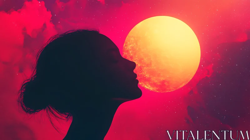 Lunar silhouette in neon cosmos, glowing surreal profile.