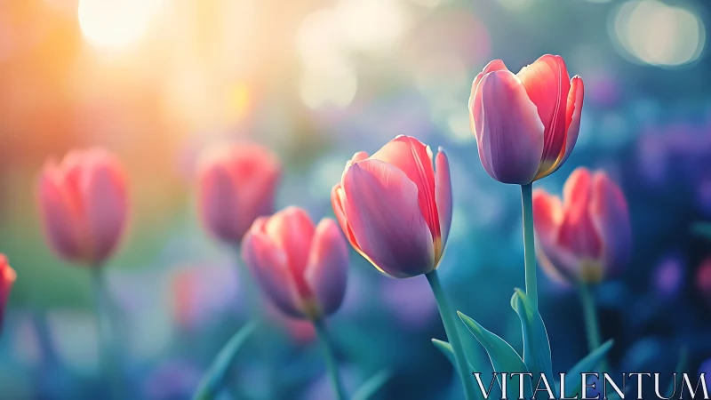 Vibrant Tulips Bathed in Golden Sunrise Light.