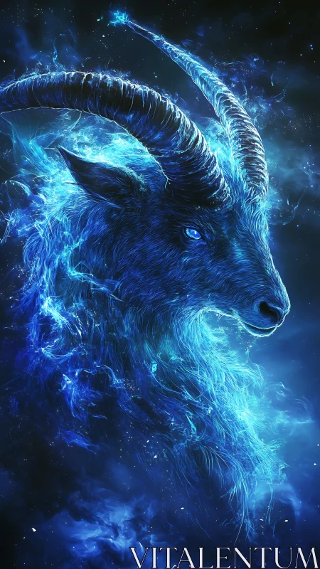 Stellar goat spirit ignites in electric blue cosmic flame.