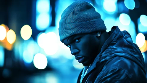 Portrait of a man in blue-toned urban night lighting