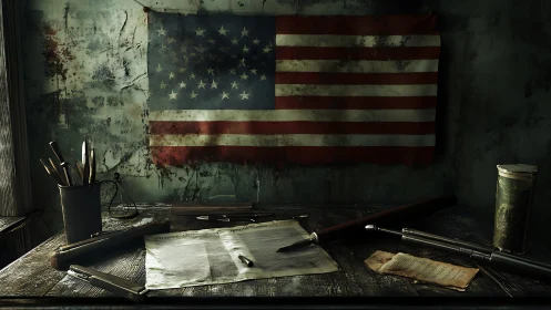 Weathered workspace under corroded American flag tableau.