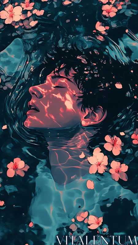 Dreamy face drifts in glowing water and gentle blossoms