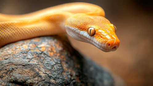 Macro portrait of orange albino snake on rock in warm bokeh