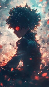 Moody anime hero glowing with ember bright determination.
