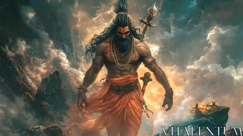 Divine warrior strides through stormlit mountains of fire