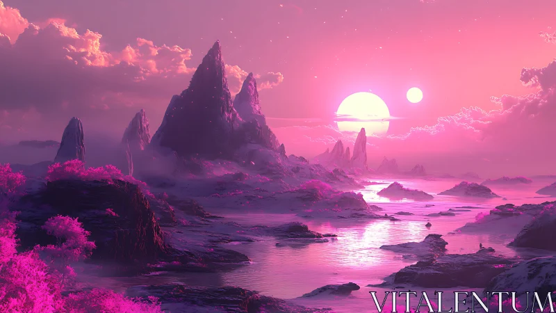 Binary-sun magenta alien coastline with spired rock formations