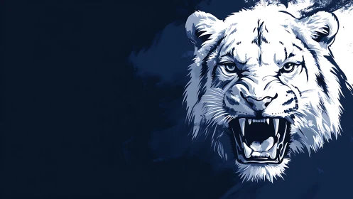 Monochrome illustration of snarling tiger head on dark field.