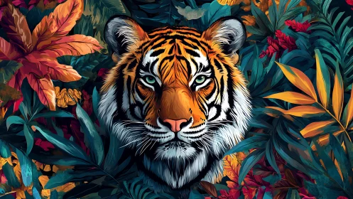 Tiger portrait rendered in vibrant digital jungle foliage