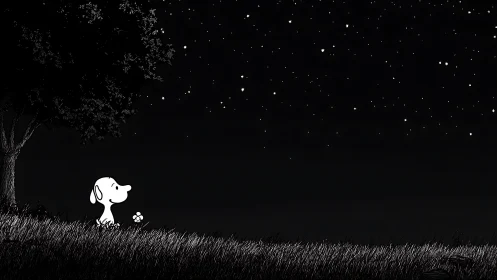 Small white dog under starry night sky in monochrome field.