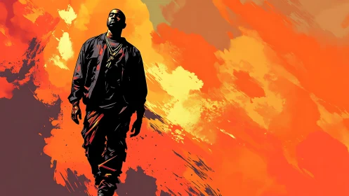 Solitary figure strides through blazing abstract sky backdrop.