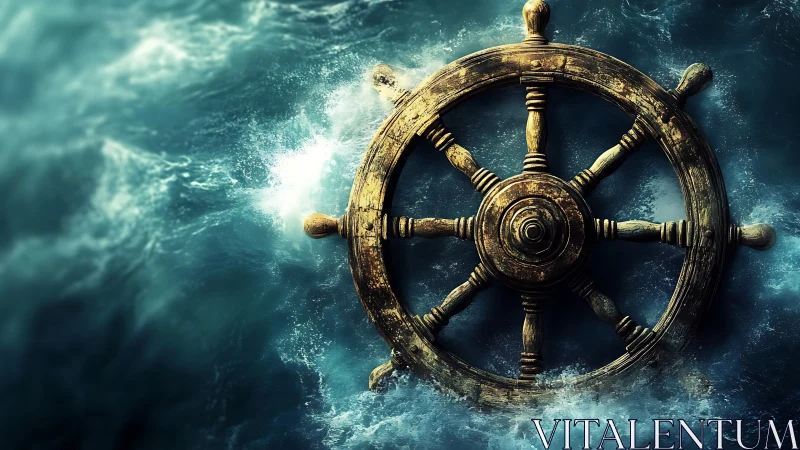 Weathered ship’s wheel turns amid storm-tossed waves.