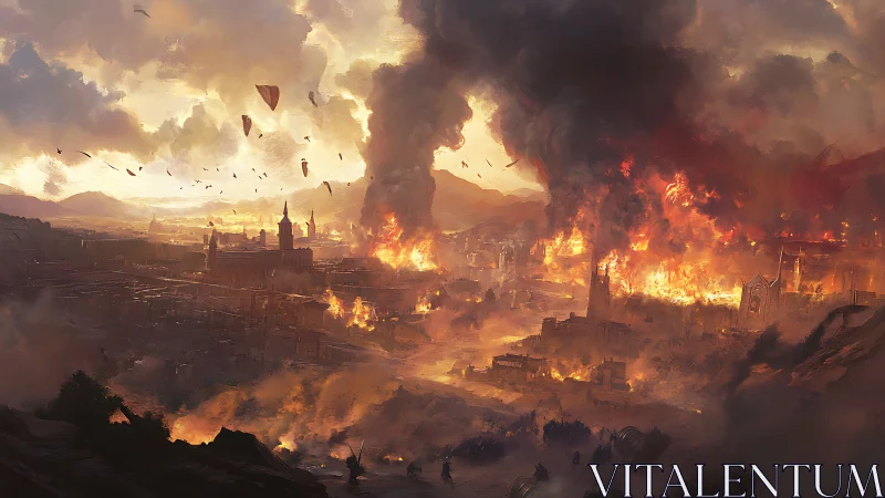 Urban apocalyptic landscape with massive destruction and fire.