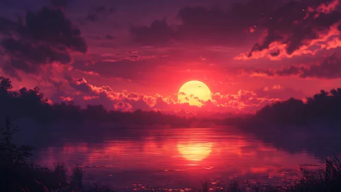 Crimson sun sinks over misty lake with mirrored glow.