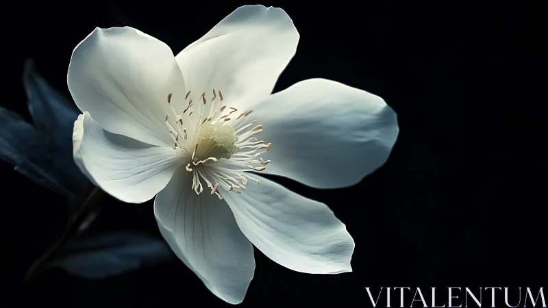 White flower specimen with prominent stamens against dark background.