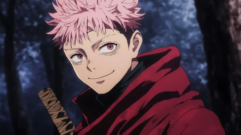 Pink-haired anime warrior rendered with moody forest lighting