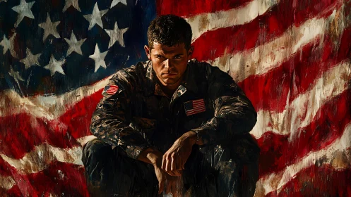 Battle-worn US soldier crouches against abstract flag backdrop