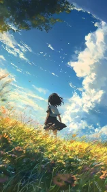 Girl stands in sunlit meadow under expansive dynamic sky
