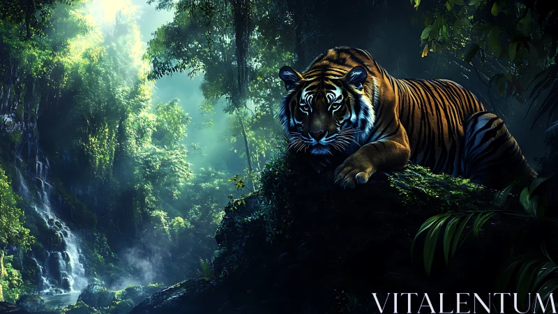 Majestic tiger resting on mossy rock in misty jungle twilight.