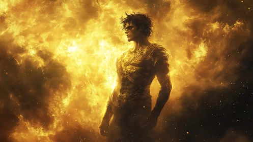 Solar-forged warrior drifting in a storm of divine fire.