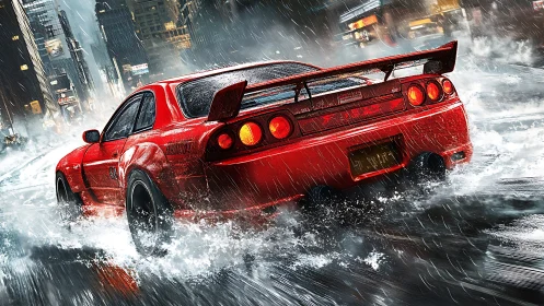 Rear-quarter drift view of tuned red coupe on wet neon city street