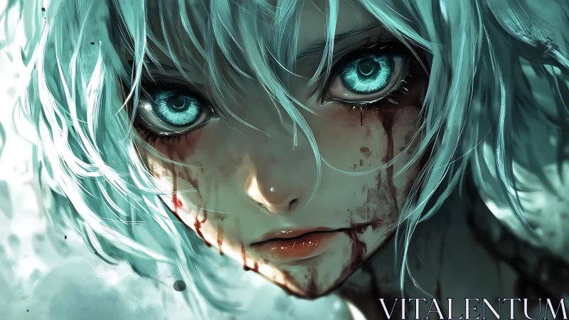 Ice-bright eyes burn through bloodstained silence and mist