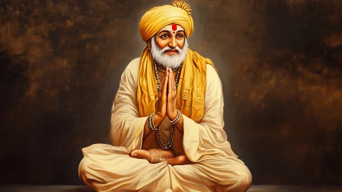 Digital painting of serene seated guru in warm ochre drapery.