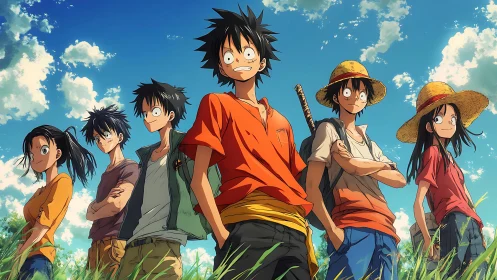 Sunlit anime adventurers stride through wild summer skies.