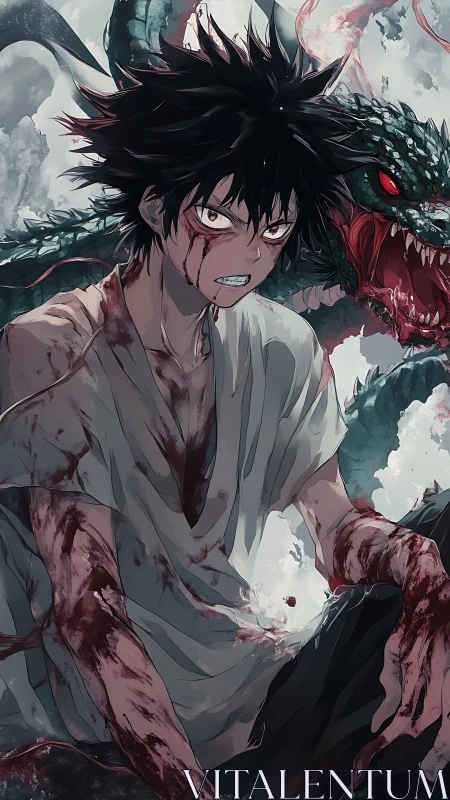 Lacerated anime combatant with coiled serpentine beast backdrop.