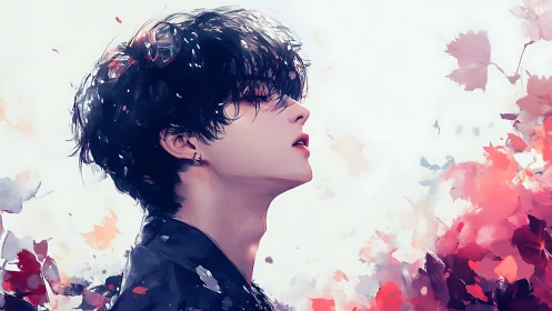 Digital portrait of pensive youth amid red autumn leaves.