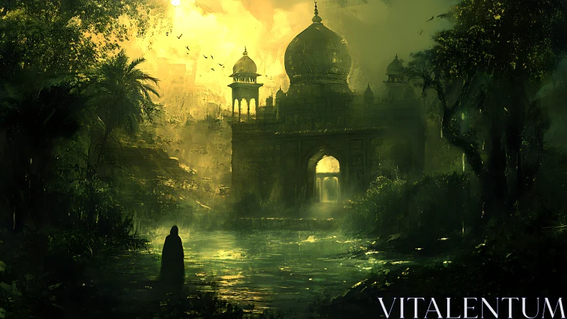 Mystical riverside temple glowing through emerald twilight.