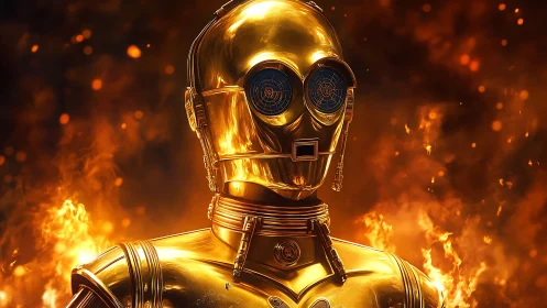 Highly reflective golden android torso rendered amid dynamic fire field