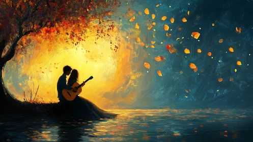 Musician's golden serenade blooms beneath autumn's luminescent canopy