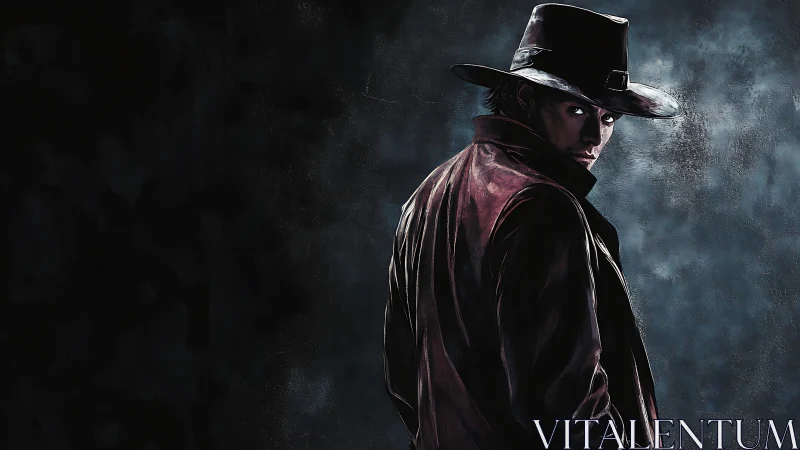 Lone cowboy in dark coat turning against textured dusk.