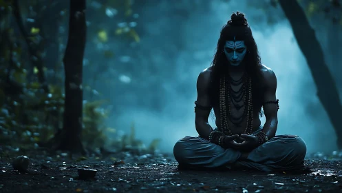 Midnight forest yogi bathed in electric blue stillness.