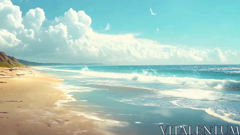 Sunlit digital seascape with rolling waves and dunes.