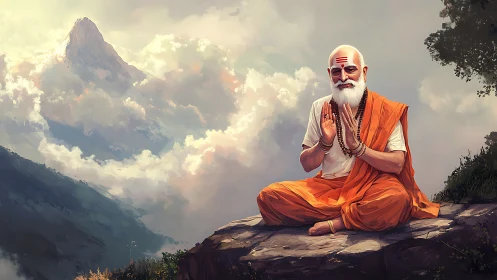 Gentle sage in orange robes shares calm on a mountain ledge