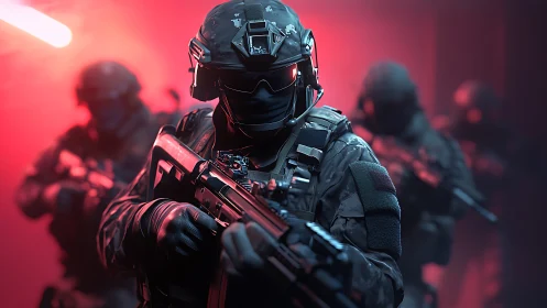 Photoreal tactical squad in red-lit corridor composition.
