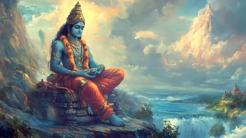 Blue mystic contemplates oceans beneath celestial citadels