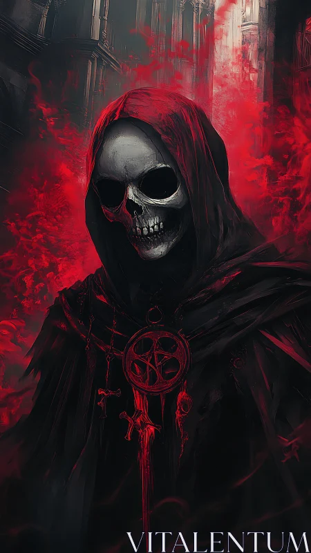 Crimson cloaked reaper smiles through cathedral shadows