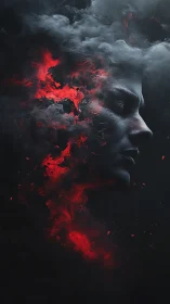 Human profile dissolving into red and gray drifting smoke.