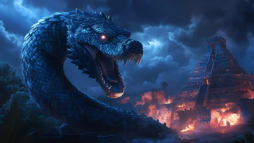 Giant blue-scaled serpent attacks burning Mesoamerican city