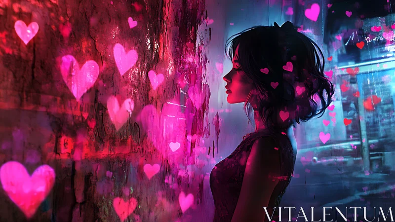 Neon-lit profile girl amid glowing pink hearts at night.