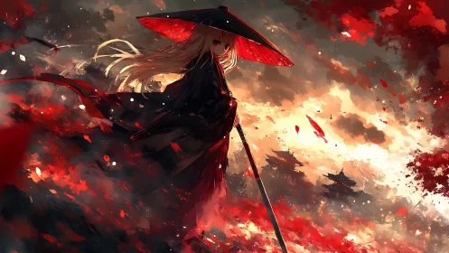 Digital painting of samurai girl with parasol in red stormscape.