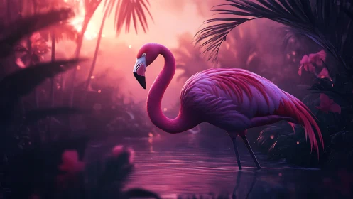 Neon pink flamingo reflects in misty tropical lagoon at dusk