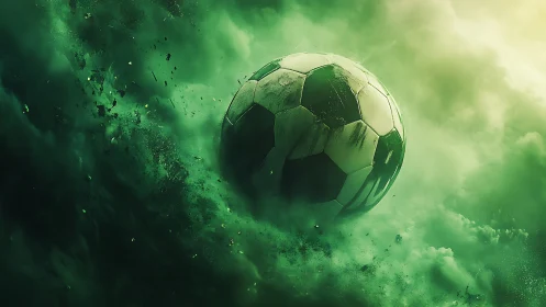 Soccer ball suspended in dense green atmospheric clouds.
