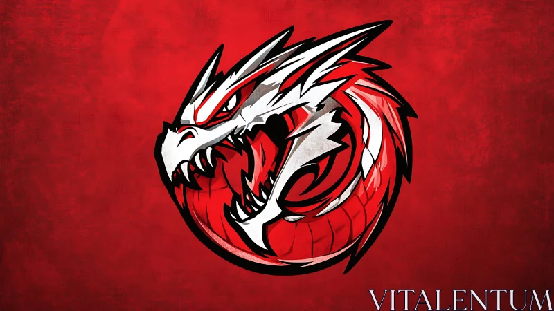 Coiled white dragon emblem on textured red backdrop.