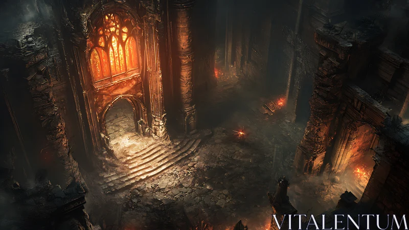 Gothic infernal hall rendered with volumetric lighting and decay